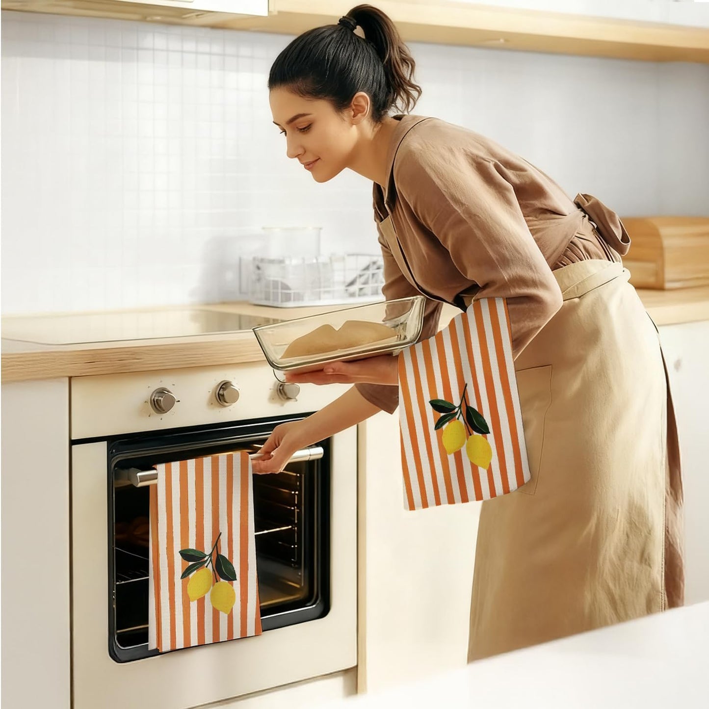 Lemon Kitchen Dish Towels, Lemon Gifts for Women, Orange and White Striped Fruit Decorative Hand Tea Towels for Kitchen Bathroom, 16x24 Inch