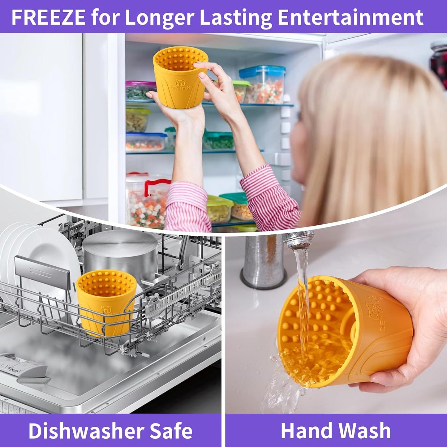 Dog Lick Bowl, Anxiety Relief Slow Feeder Dog Lick Mat Treat Dispenser, Non-Slip Dog Licking Bowl Dog Enrichment Toys for Small Medium and Large Breed Dogs, BPA Free Silicone(Yellow,S)