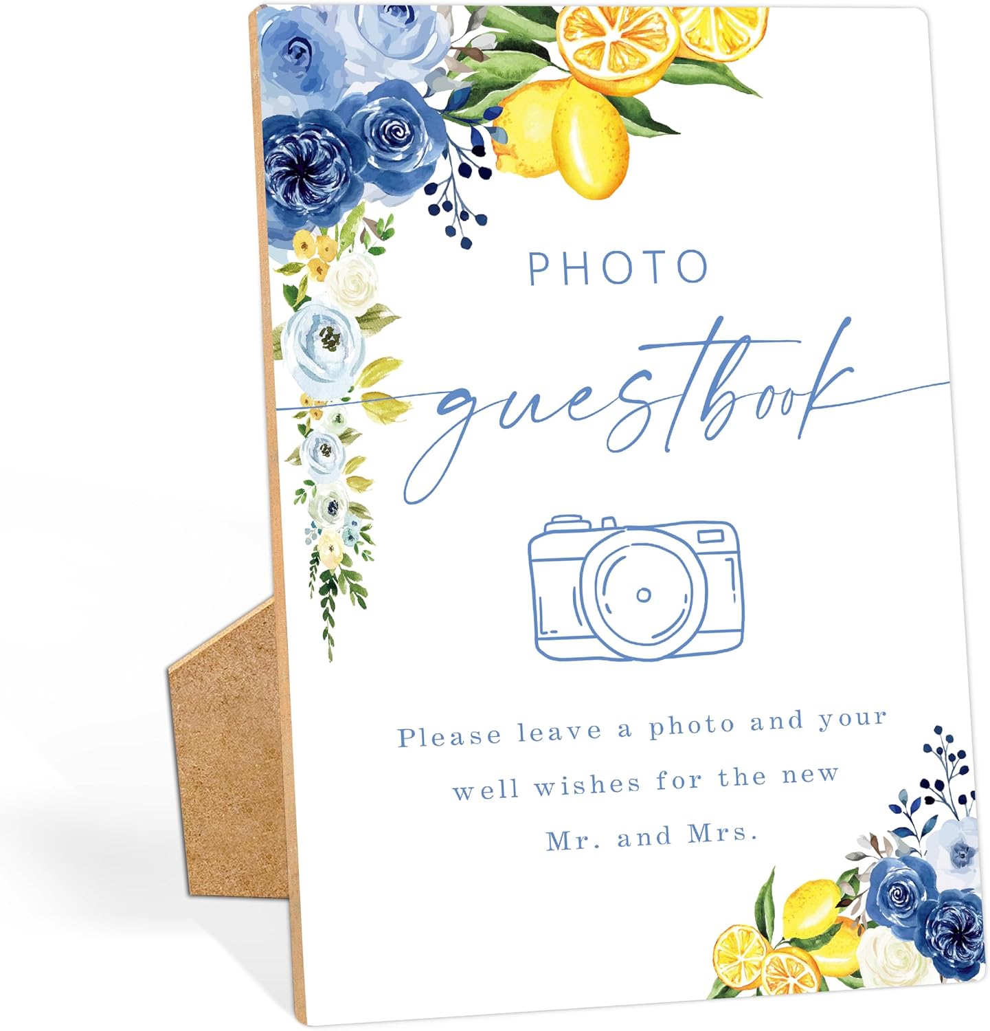Floral Wedding Photo Guest Book Sign, Something Blue Bridal Shower Sign, Wooden Blue Lemon Bridal Shower Decorations, Party Supplies for Engagement Wedding Must Have for Reception and Ceremony, 40