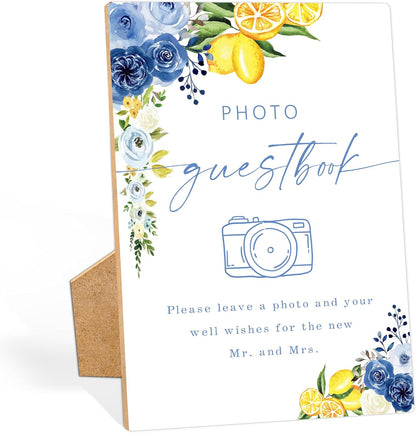Floral Wedding Photo Guest Book Sign, Something Blue Bridal Shower Sign, Wooden Blue Lemon Bridal Shower Decorations, Party Supplies for Engagement Wedding Must Have for Reception and Ceremony, 40