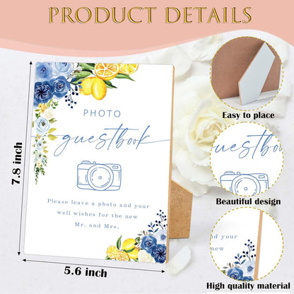 Floral Wedding Photo Guest Book Sign, Something Blue Bridal Shower Sign, Wooden Blue Lemon Bridal Shower Decorations, Party Supplies for Engagement Wedding Must Have for Reception and Ceremony, 40