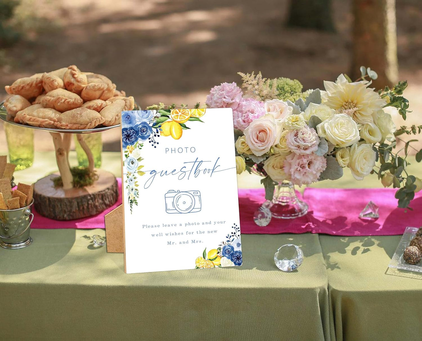 Floral Wedding Photo Guest Book Sign, Something Blue Bridal Shower Sign, Wooden Blue Lemon Bridal Shower Decorations, Party Supplies for Engagement Wedding Must Have for Reception and Ceremony, 40