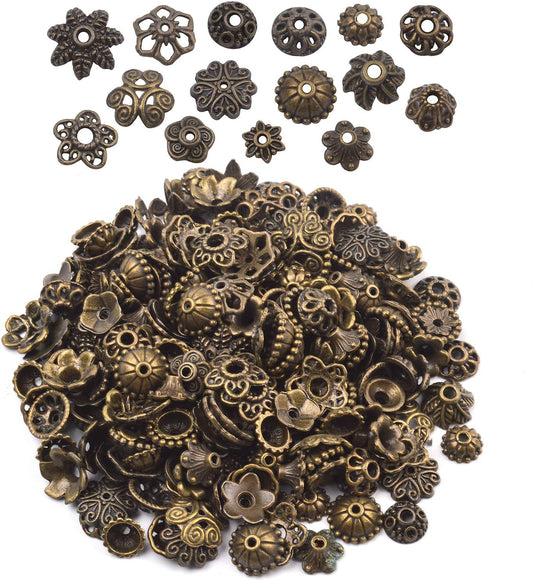 100 Gram(About 150-250pcs) Bali Style Jewelry Making Metal Bead Caps Deluxe New Mix,Bronze