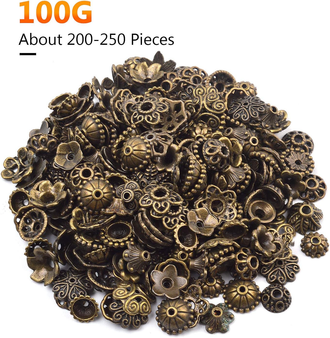 100 Gram(About 150-250pcs) Bali Style Jewelry Making Metal Bead Caps Deluxe New Mix,Bronze