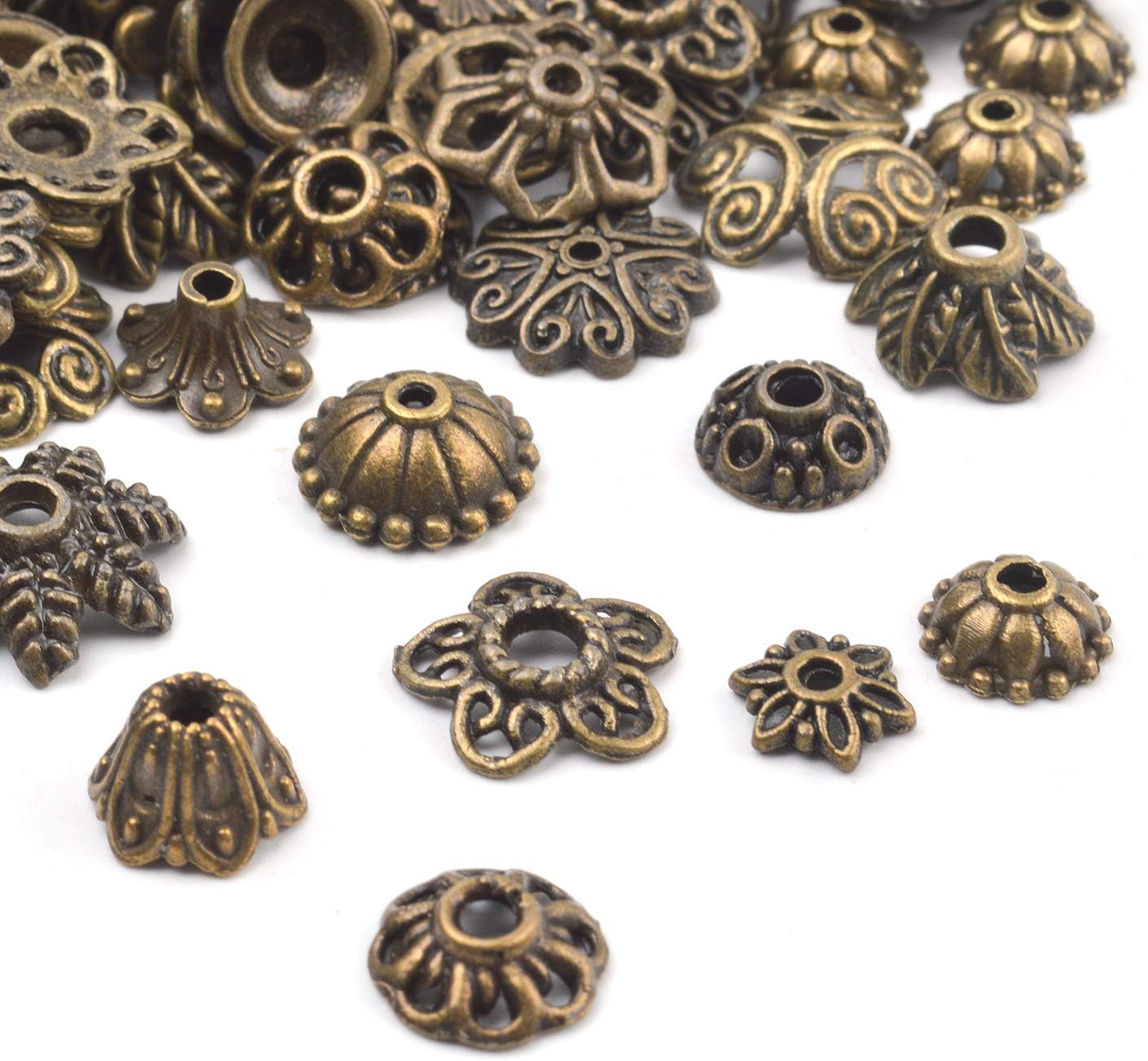 100 Gram(About 150-250pcs) Bali Style Jewelry Making Metal Bead Caps Deluxe New Mix,Bronze