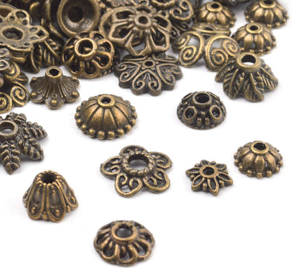 100 Gram(About 150-250pcs) Bali Style Jewelry Making Metal Bead Caps Deluxe New Mix,Bronze