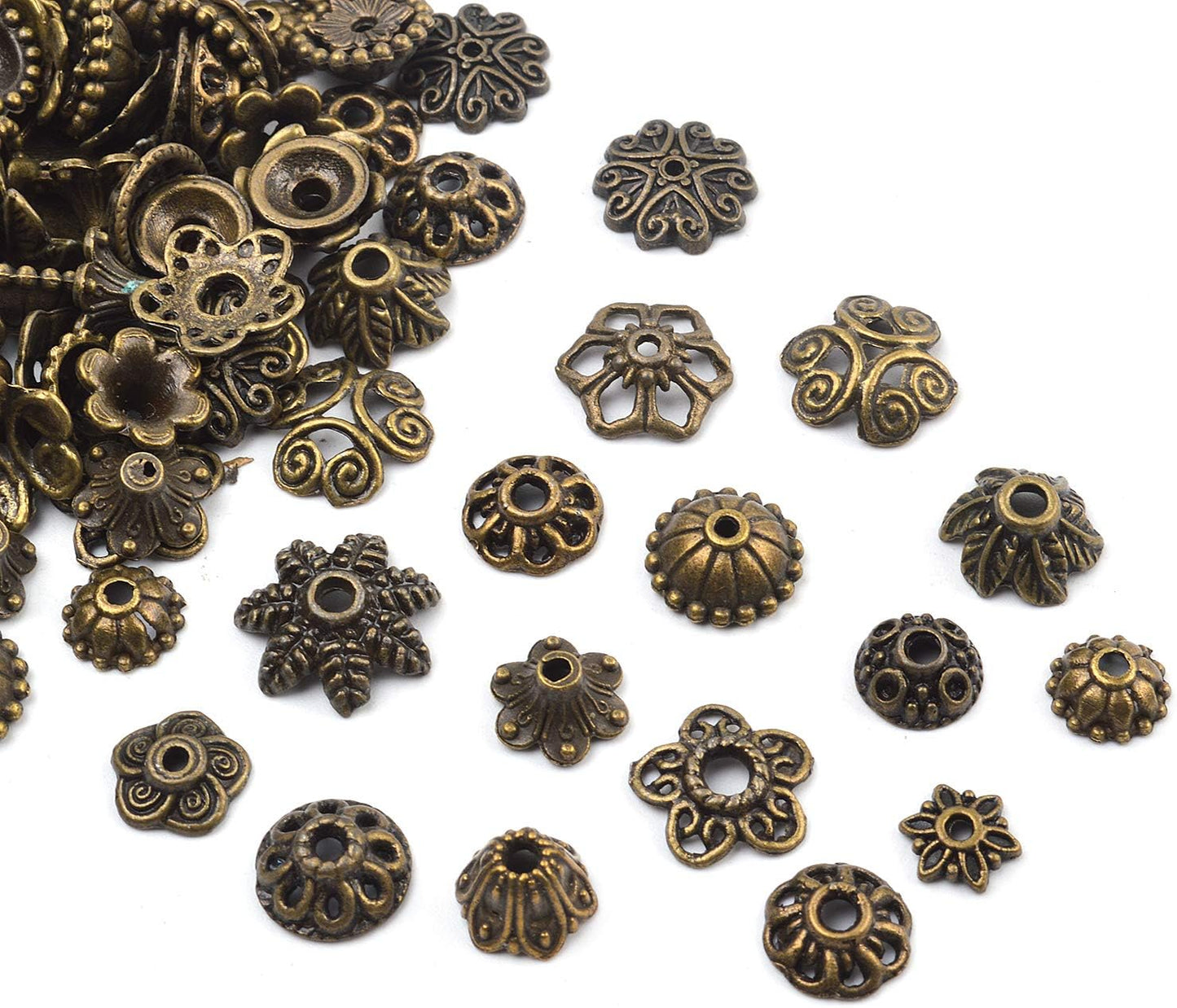 100 Gram(About 150-250pcs) Bali Style Jewelry Making Metal Bead Caps Deluxe New Mix,Bronze