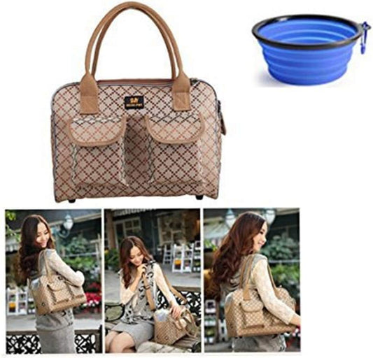 Dog Carrier Bag Pet Tote Bag Doggie Handbag Cat Purse Puppy Pouch, Free Collapsible Dog Bowl Included (M Khaki)