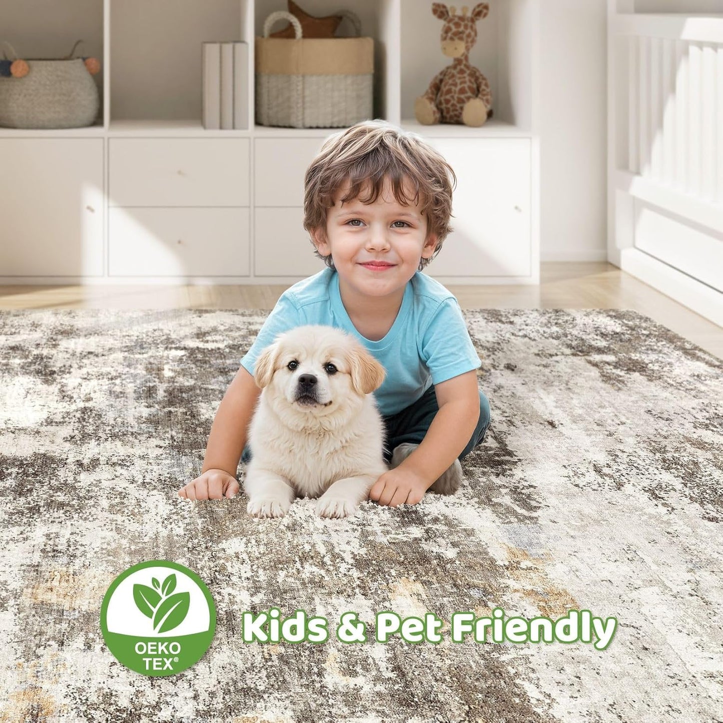 9x12 Area Rug Living Room: Washable Large Abstract Neutral Modern Soft Rugs Stain Resistant Indoor Floor Non-Slip Accent Carpet for Bedroom Nursery Playroom Dining Room Office Dorm Home- Brown Yellow