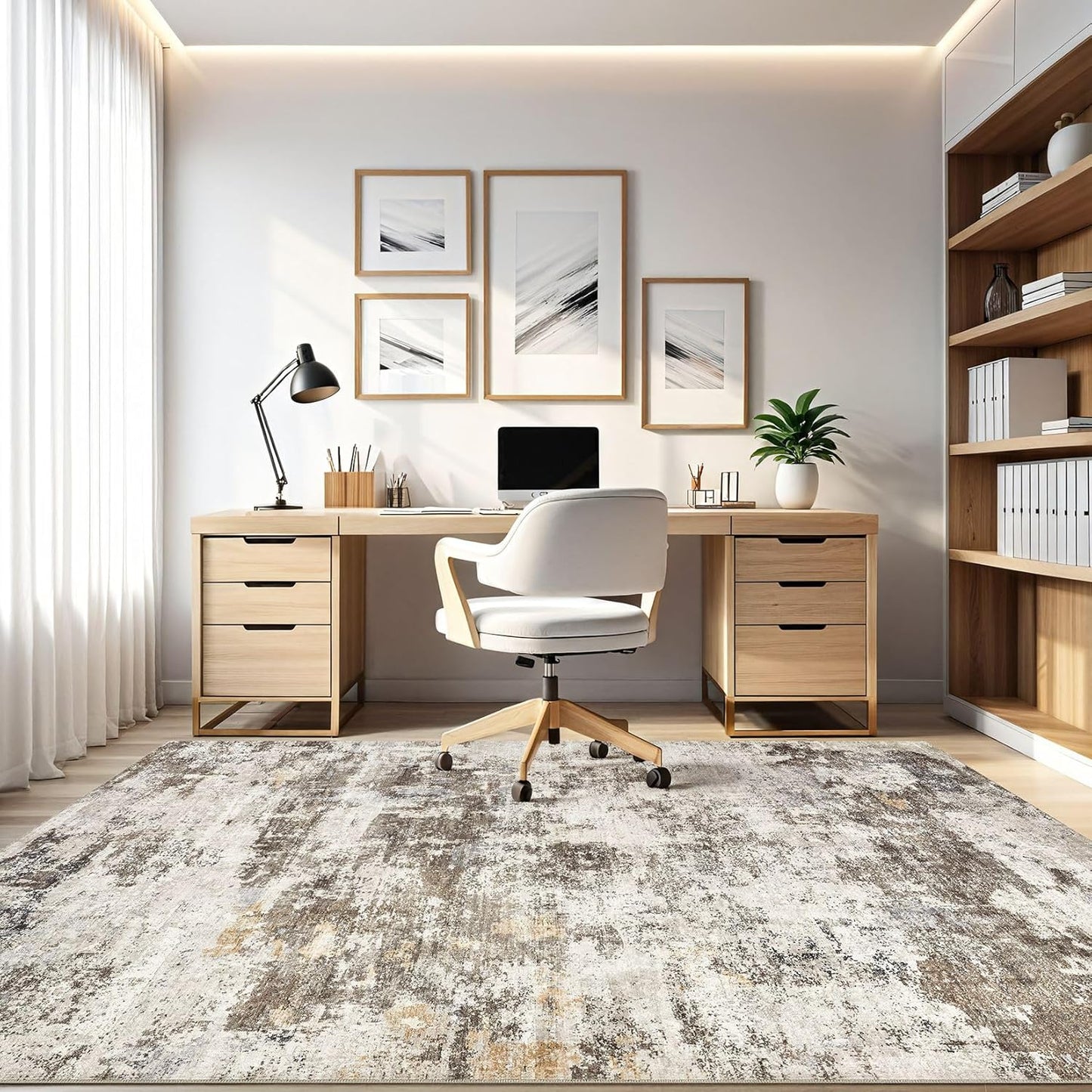 9x12 Area Rug Living Room: Washable Large Abstract Neutral Modern Soft Rugs Stain Resistant Indoor Floor Non-Slip Accent Carpet for Bedroom Nursery Playroom Dining Room Office Dorm Home- Brown Yellow