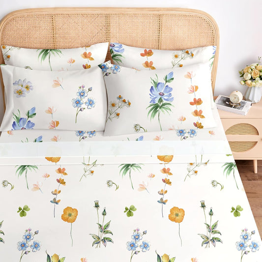 King Sheet Set 6 Pieces (Yellow & Blue Watercolor Floral), Cottage Core Botanical Patterned Sheets, Victorian Flower Microfiber Bedding Decor