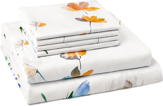 King Sheet Set 6 Pieces (Yellow & Blue Watercolor Floral), Cottage Core Botanical Patterned Sheets, Victorian Flower Microfiber Bedding Decor