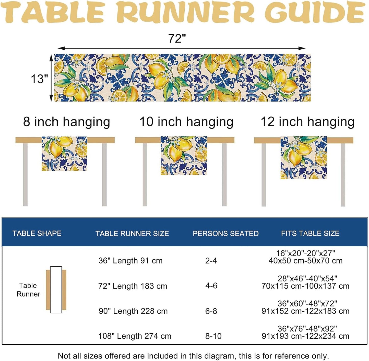Blue Lemon Italy Tile Pattern Dining Table Runner, Amalfi Coast Italian Capri Citrus Burlap Kitchen Decoration, Summer Mediterranean Indoor Outdoor Home Decor Party Supply 13 x 72 Inches