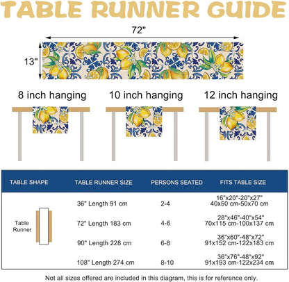 Blue Lemon Italy Tile Pattern Dining Table Runner, Amalfi Coast Italian Capri Citrus Burlap Kitchen Decoration, Summer Mediterranean Indoor Outdoor Home Decor Party Supply 13 x 72 Inches