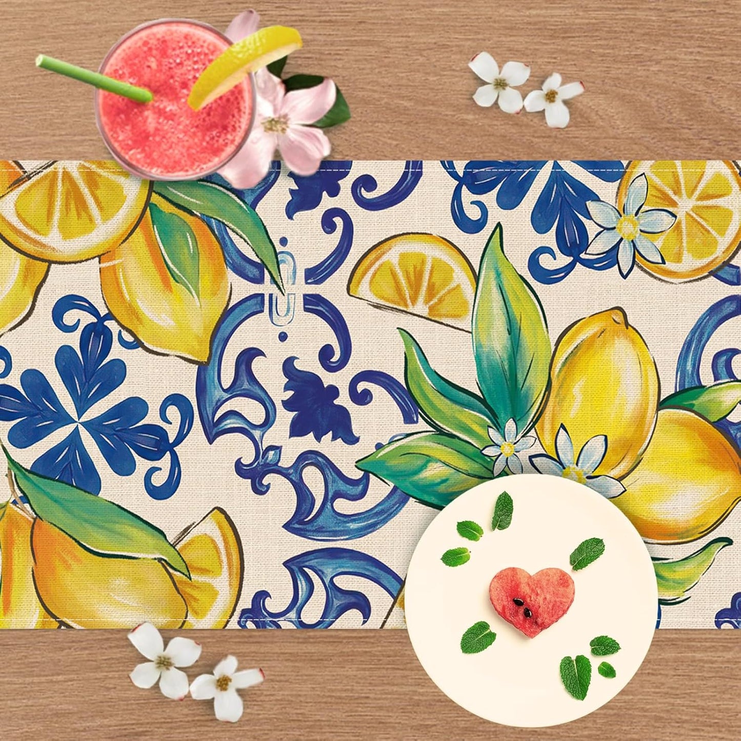 Blue Lemon Italy Tile Pattern Dining Table Runner, Amalfi Coast Italian Capri Citrus Burlap Kitchen Decoration, Summer Mediterranean Indoor Outdoor Home Decor Party Supply 13 x 72 Inches