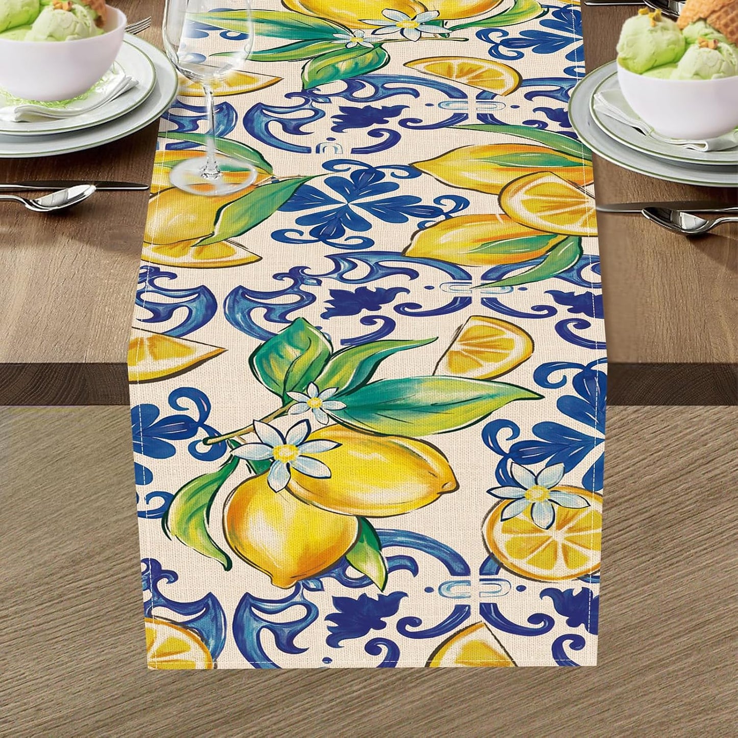 Blue Lemon Italy Tile Pattern Dining Table Runner, Amalfi Coast Italian Capri Citrus Burlap Kitchen Decoration, Summer Mediterranean Indoor Outdoor Home Decor Party Supply 13 x 72 Inches