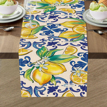 Blue Lemon Italy Tile Pattern Dining Table Runner, Amalfi Coast Italian Capri Citrus Burlap Kitchen Decoration, Summer Mediterranean Indoor Outdoor Home Decor Party Supply 13 x 72 Inches