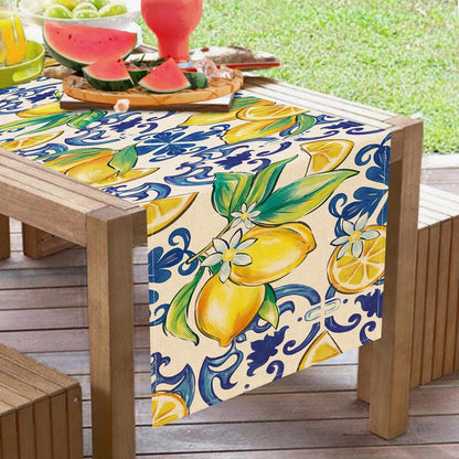 Blue Lemon Italy Tile Pattern Dining Table Runner, Amalfi Coast Italian Capri Citrus Burlap Kitchen Decoration, Summer Mediterranean Indoor Outdoor Home Decor Party Supply 13 x 72 Inches
