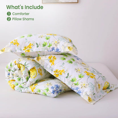 Floral Full Size Comforter Sets, Lemon Blossoms Patterned Bed in a Bag for All Seasons, 3-Piece Farmhouse Rustic Bedding Set with Fluffy Quilted Reversible Comforter & 2 Pillow Shams