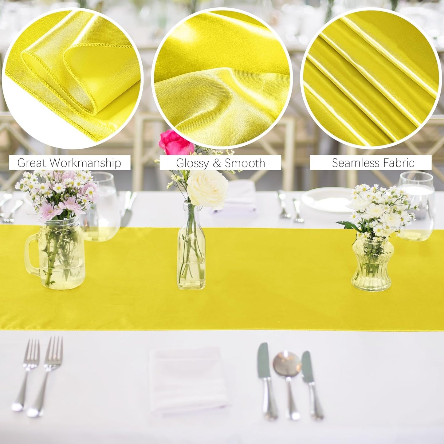 4 Pack Satin Table Runner 12 x 108Inch Long Bright Silk and Smooth Fabric Party Table Runner for Wedding Banquet Party Decoration- Yellow