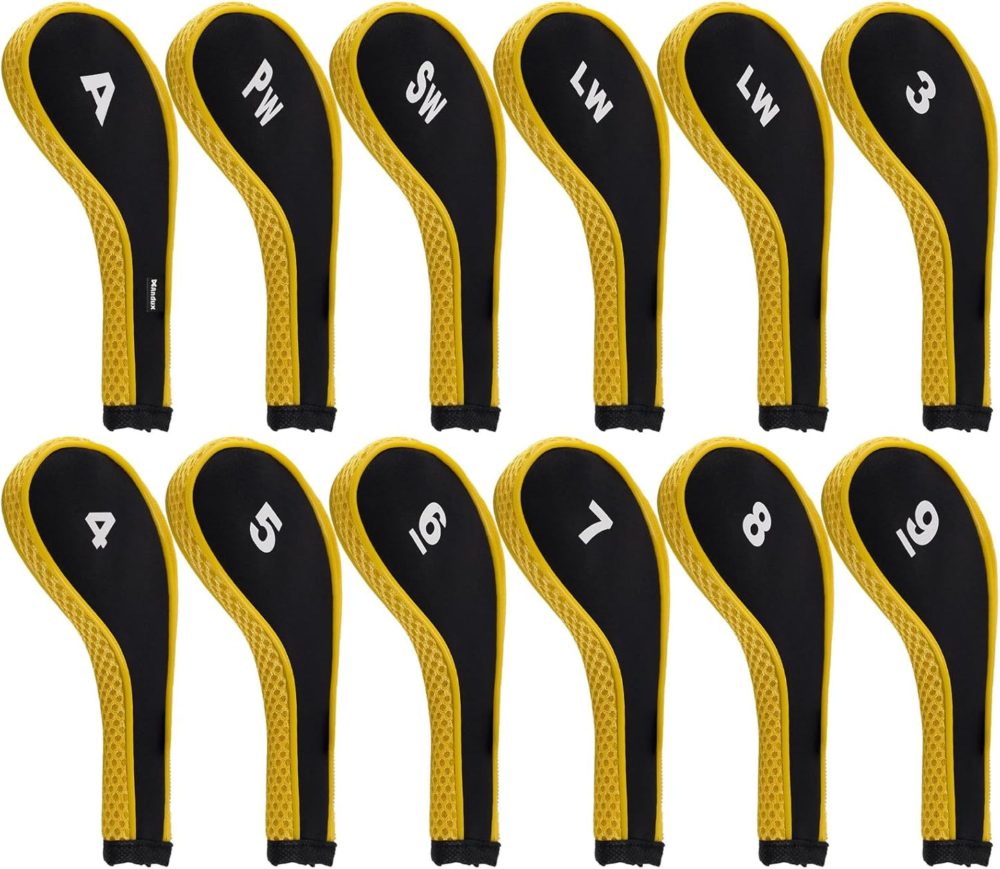 12pcs/Set Golf Iron Club Head Covers Long Neck | with Zipper Closure | Number Print | Coloured Piping | Right Hand | all the Same Size