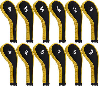 12pcs/Set Golf Iron Club Head Covers Long Neck | with Zipper Closure | Number Print | Coloured Piping | Right Hand | all the Same Size