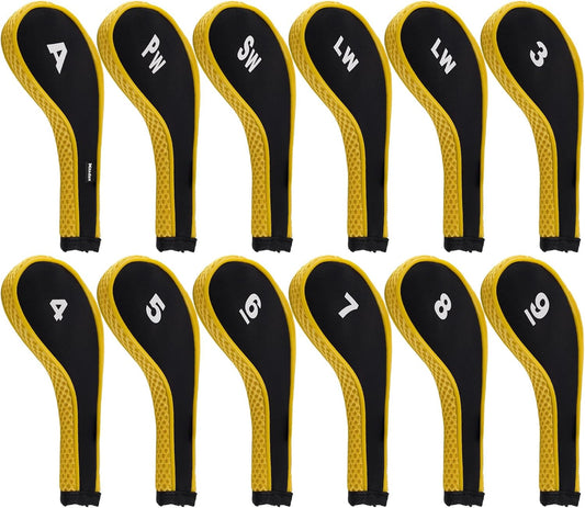 12pcs/Set Golf Iron Club Head Covers Long Neck | with Zipper Closure | Number Print | Coloured Piping | Right Hand | all the Same Size
