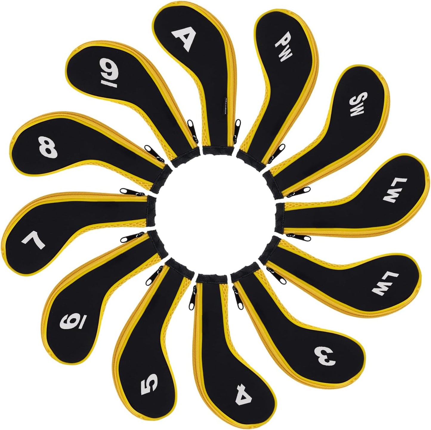 12pcs/Set Golf Iron Club Head Covers Long Neck | with Zipper Closure | Number Print | Coloured Piping | Right Hand | all the Same Size