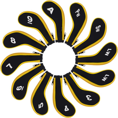 12pcs/Set Golf Iron Club Head Covers Long Neck | with Zipper Closure | Number Print | Coloured Piping | Right Hand | all the Same Size