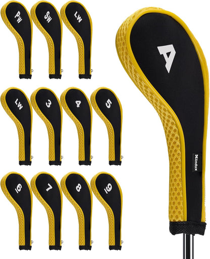 12pcs/Set Golf Iron Club Head Covers Long Neck | with Zipper Closure | Number Print | Coloured Piping | Right Hand | all the Same Size
