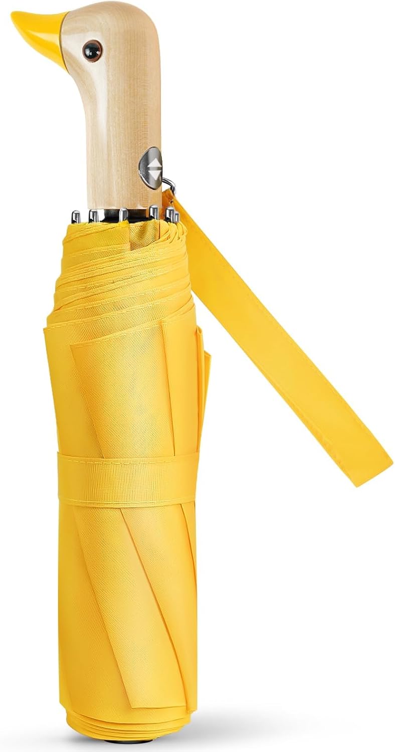 Duck Umbrella Cute Automatic Travel Size Compact Folding for Adults | Automatic duck wooden handle,Fit in handbag/backpack/suitcase,ideal gifts for women and kids