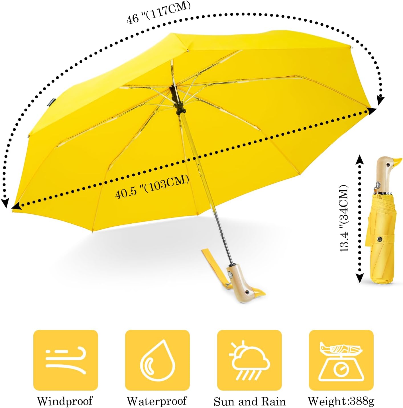 Duck Umbrella Cute Automatic Travel Size Compact Folding for Adults | Automatic duck wooden handle,Fit in handbag/backpack/suitcase,ideal gifts for women and kids