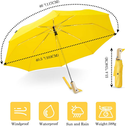 Duck Umbrella Cute Automatic Travel Size Compact Folding for Adults | Automatic duck wooden handle,Fit in handbag/backpack/suitcase,ideal gifts for women and kids