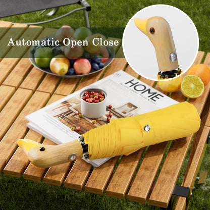 Duck Umbrella Cute Automatic Travel Size Compact Folding for Adults | Automatic duck wooden handle,Fit in handbag/backpack/suitcase,ideal gifts for women and kids