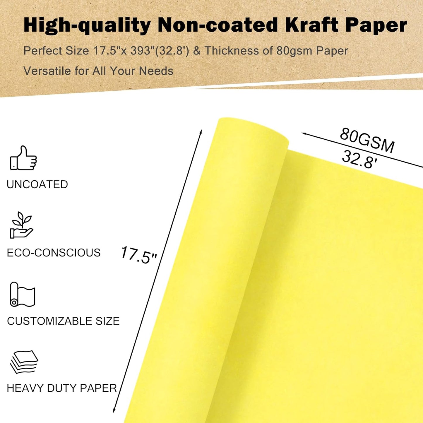 Kraft Paper Roll - 17.5 inches x 32.8 feet - Recyclable Paper Perfect for Wrapping, Craft, Packing, Floor Covering, Dunnage, Parcel, Table Runner, Yellow