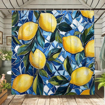 Lemon Shower Curtain, Bright Yellow Citrus Fruit Bath Curtain for Bathroom Decor, Summer Modern Tropical Waterproof Fabric Shower Curtain Set with Hooks 62x72 Inch