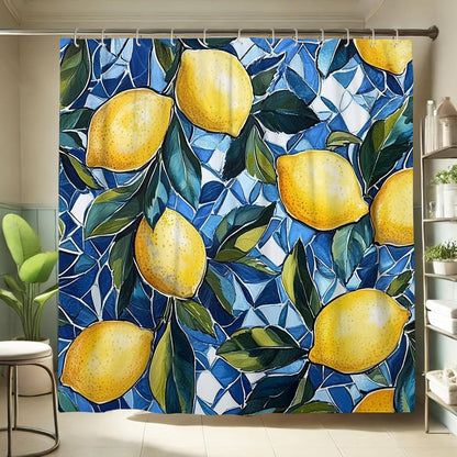 Lemon Shower Curtain, Bright Yellow Citrus Fruit Bath Curtain for Bathroom Decor, Summer Modern Tropical Waterproof Fabric Shower Curtain Set with Hooks 62x72 Inch