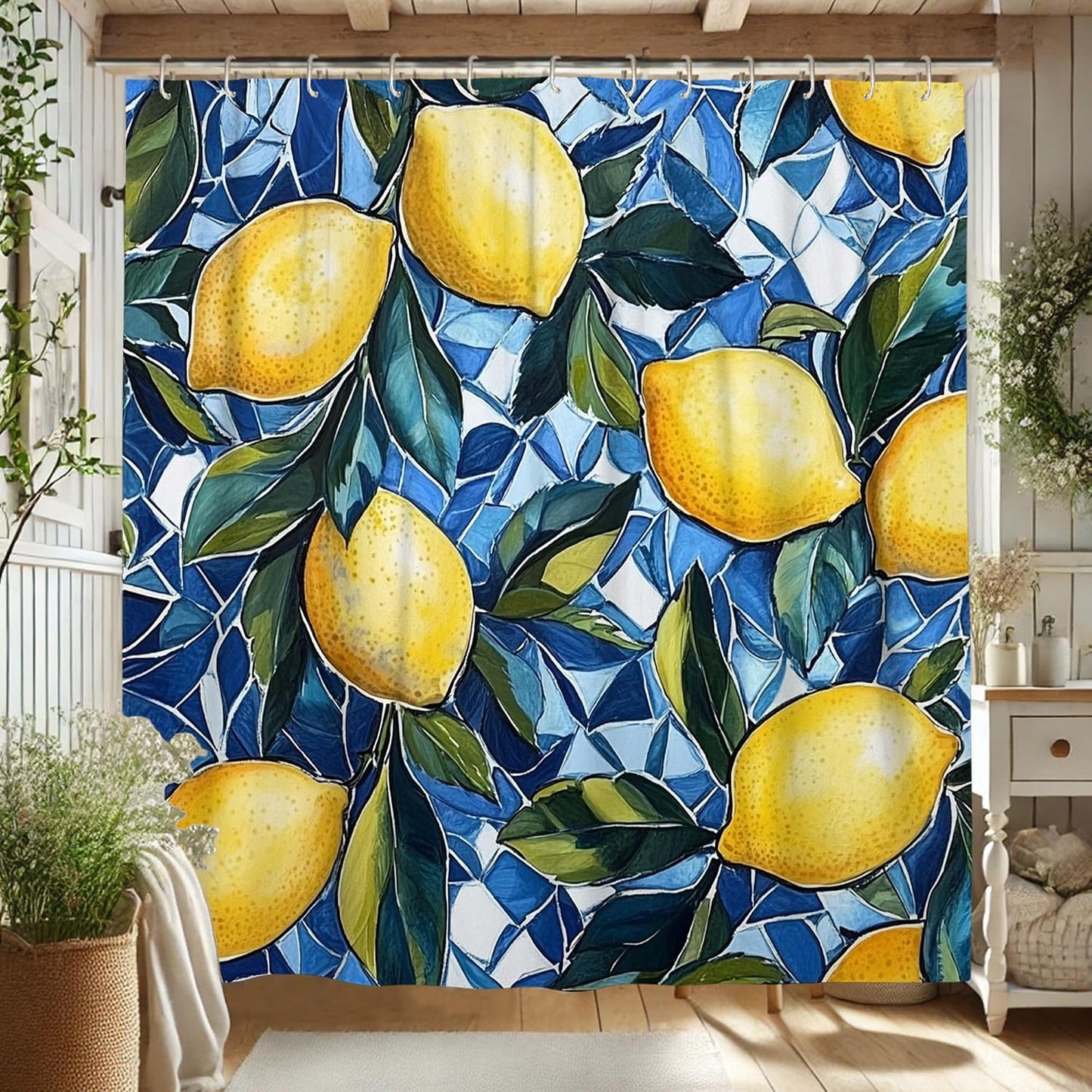 Lemon Shower Curtain, Bright Yellow Citrus Fruit Bath Curtain for Bathroom Decor, Summer Modern Tropical Waterproof Fabric Shower Curtain Set with Hooks 62x72 Inch