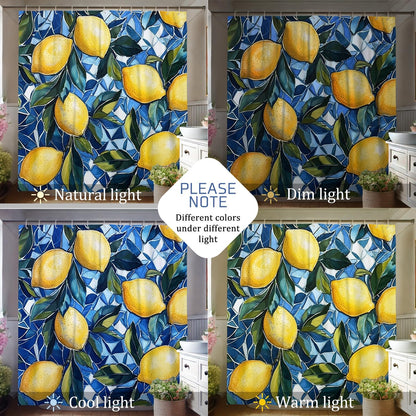 Lemon Shower Curtain, Bright Yellow Citrus Fruit Bath Curtain for Bathroom Decor, Summer Modern Tropical Waterproof Fabric Shower Curtain Set with Hooks 62x72 Inch