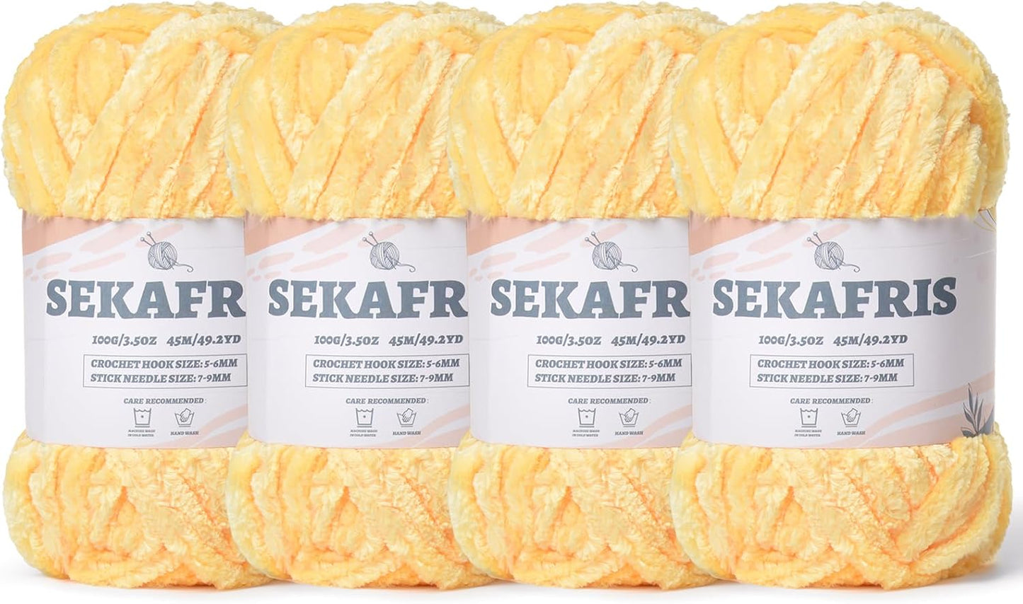 Chenille Velvet Soft Yarn Light Yellow 4 Pack | 400g/196.8yds Fuzzy Chunky Chenille Yarn for Crocheting Plush Yarn for Hand Knitting Amigurumi Fluffy Yarn