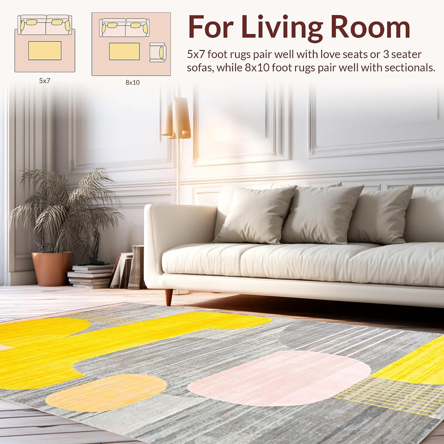 Flatwoven High Traffic Area Rug 6x9, Stylish Contemporary Rug Yellow & Gray Abstract Art, Non Slip, Stain Resistant, Washable Area Rugs for Living Room, Bedroom (Yellow, 6x9)
