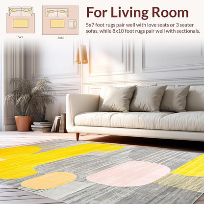 Flatwoven High Traffic Area Rug 6x9, Stylish Contemporary Rug Yellow & Gray Abstract Art, Non Slip, Stain Resistant, Washable Area Rugs for Living Room, Bedroom (Yellow, 6x9)