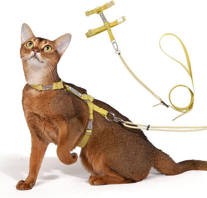 Cat Harness and Leash Set - Yellow Lightweight Soft Kitten Harness Escape Proof, Adjustable Travel Pet Harness for Walking，Easy Control Comfortable Outdoor (Yellow, One Size Fits All)