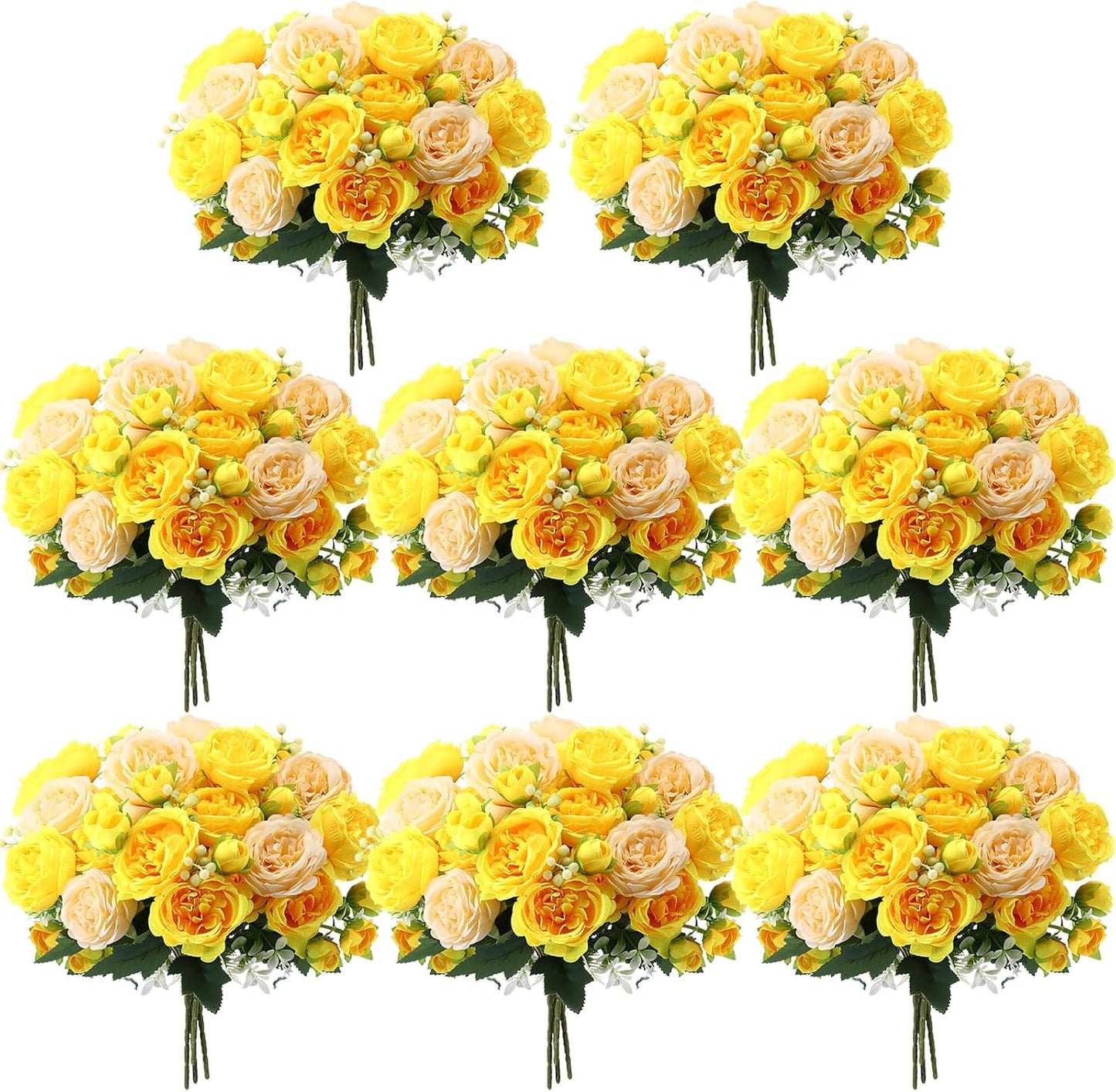 Artificial Peonies Flowers,Yellow, Champagne,8 Bundles | Fake Silk Peony Flowers, Faux Bouquet Bulk for Wedding Party, Table Centerpieces, Vase Arrangements Decorations