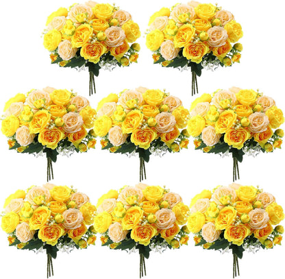 Artificial Peonies Flowers,Yellow, Champagne,8 Bundles | Fake Silk Peony Flowers, Faux Bouquet Bulk for Wedding Party, Table Centerpieces, Vase Arrangements Decorations