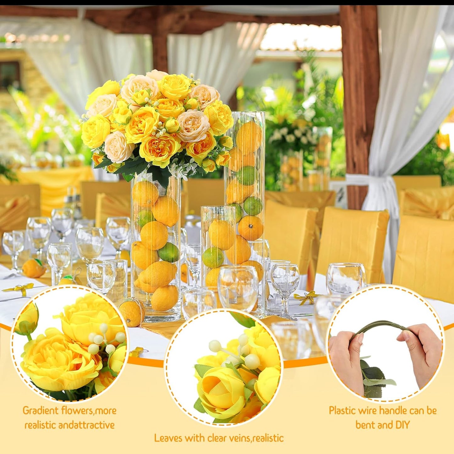 Artificial Peonies Flowers,Yellow, Champagne,8 Bundles | Fake Silk Peony Flowers, Faux Bouquet Bulk for Wedding Party, Table Centerpieces, Vase Arrangements Decorations