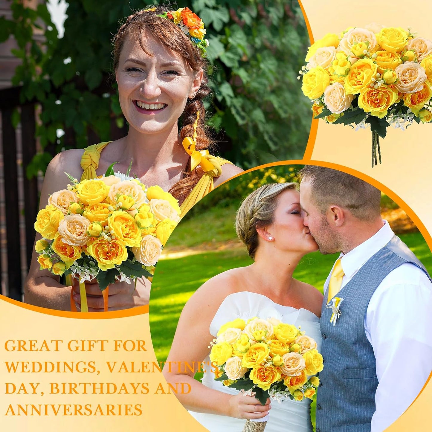 Artificial Peonies Flowers,Yellow, Champagne,8 Bundles | Fake Silk Peony Flowers, Faux Bouquet Bulk for Wedding Party, Table Centerpieces, Vase Arrangements Decorations