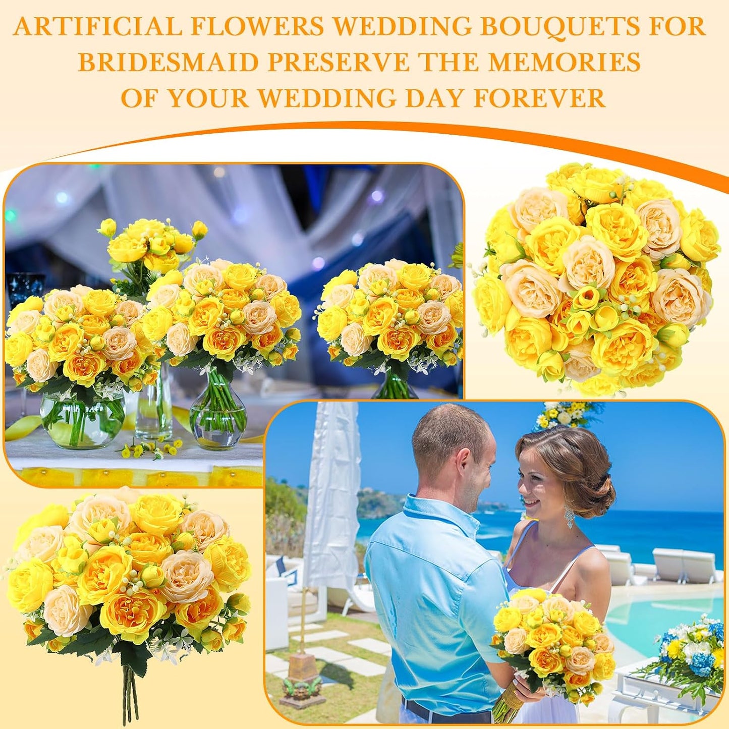 Artificial Peonies Flowers,Yellow, Champagne,8 Bundles | Fake Silk Peony Flowers, Faux Bouquet Bulk for Wedding Party, Table Centerpieces, Vase Arrangements Decorations