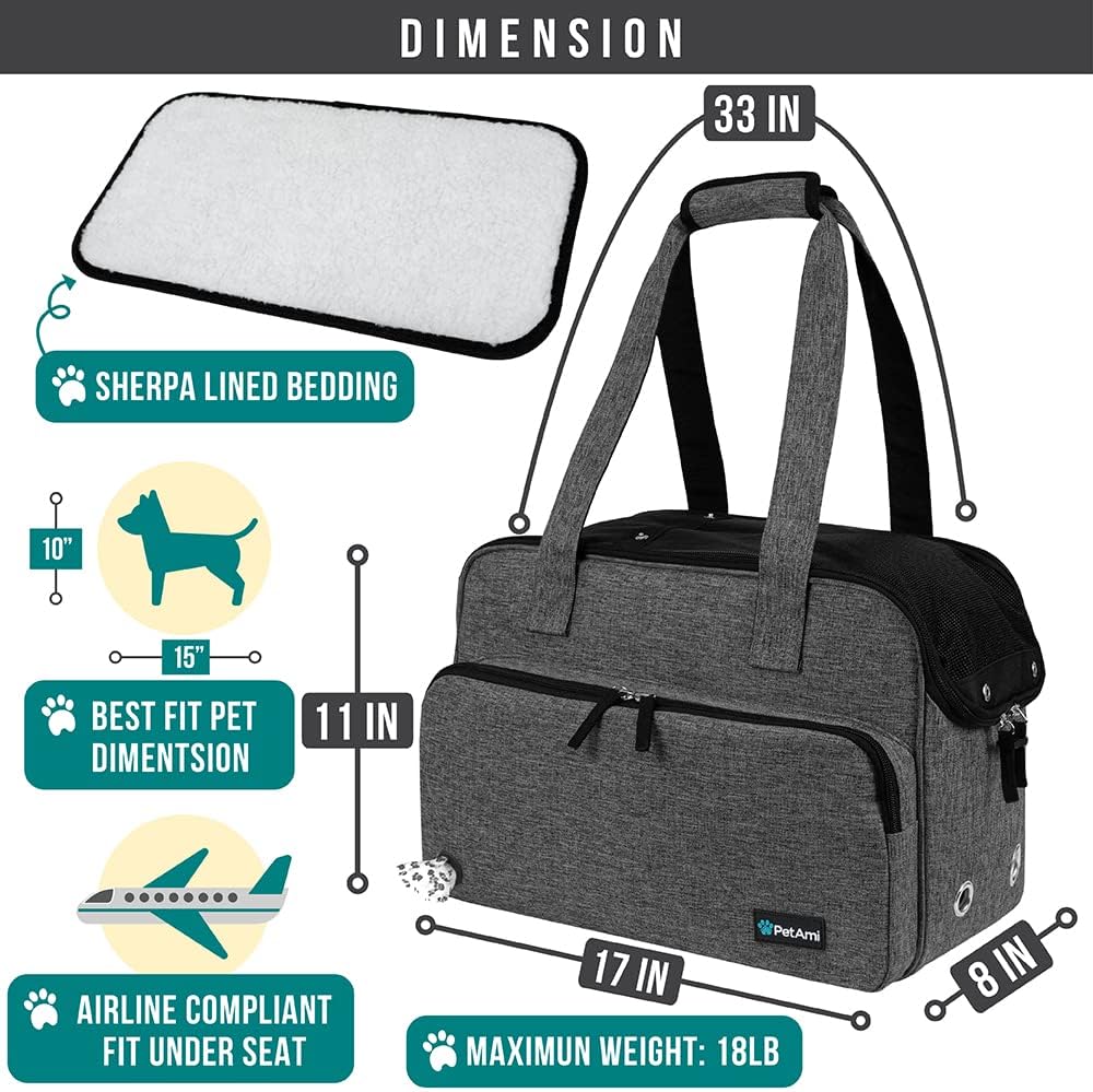 Small Dog Purse Carrier, Soft-Sided Pet Carrier Bag with Pockets, Portable Puppy Cat Travel Handbag Tote, Airline Approved Breathable Mesh, Poop Bag Dispenser, Sherpa Bed, Max 18 lbs, Gray