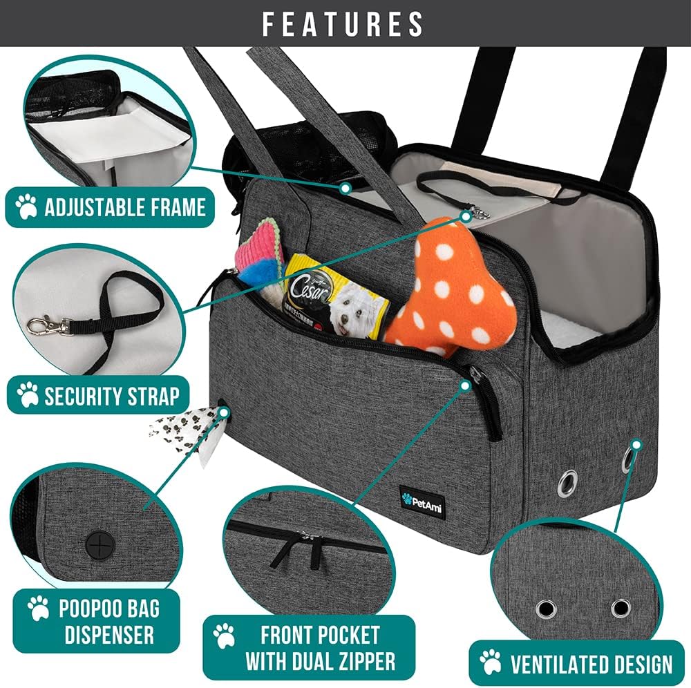 Small Dog Purse Carrier, Soft-Sided Pet Carrier Bag with Pockets, Portable Puppy Cat Travel Handbag Tote, Airline Approved Breathable Mesh, Poop Bag Dispenser, Sherpa Bed, Max 18 lbs, Gray